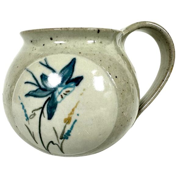 Hand Crafted Artist Signed Pottery Round Coffee Mug Blue Floral Highlight-Mint! - Picture 1 of 6